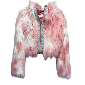NWT 24HRS Daddy Faux Fur Hooded Jacket Ultra Rare Size XS Plush Pink & White